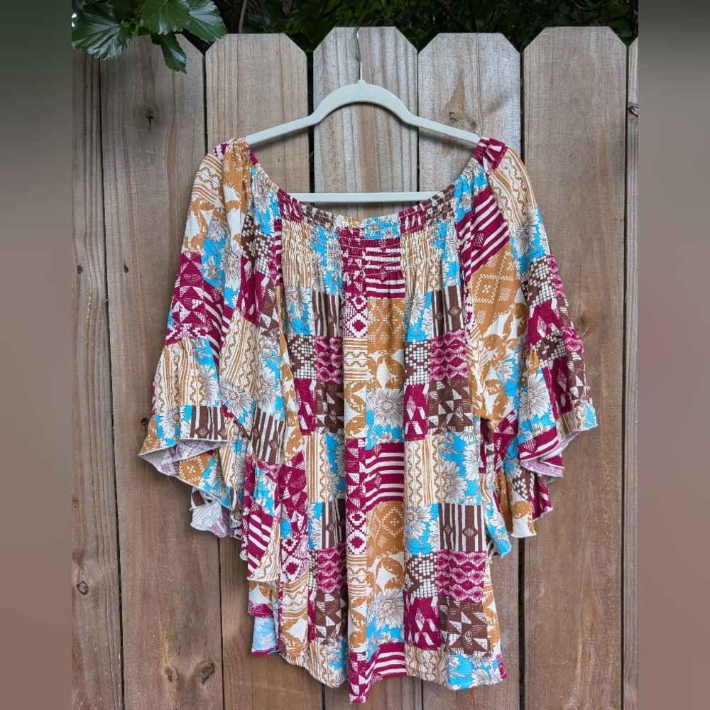 Cato Plus Size Patchwork Patterned Multicolor Bell Sleeve Blouse - Picture 5 of 12